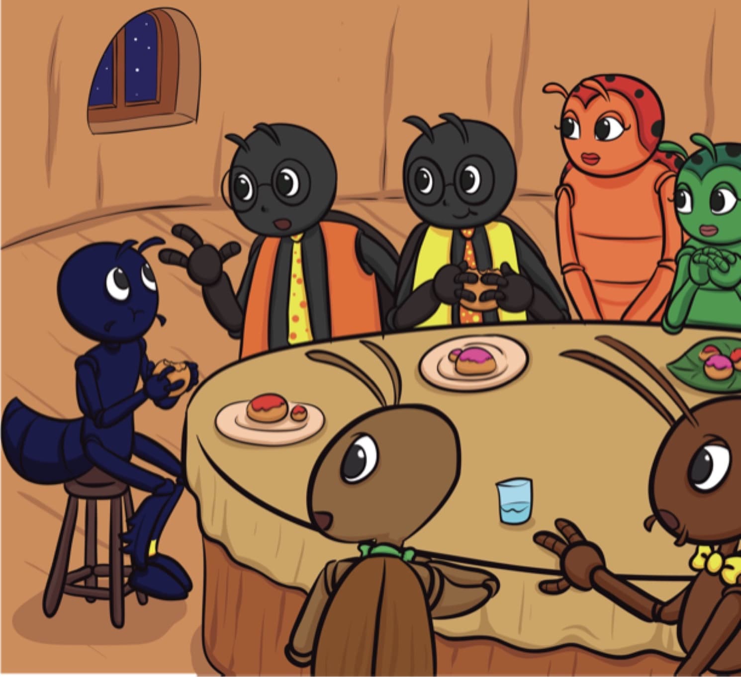 Stu sits at a long table sharing food with a beetle, a ladybug, a grasshopper and two ants.